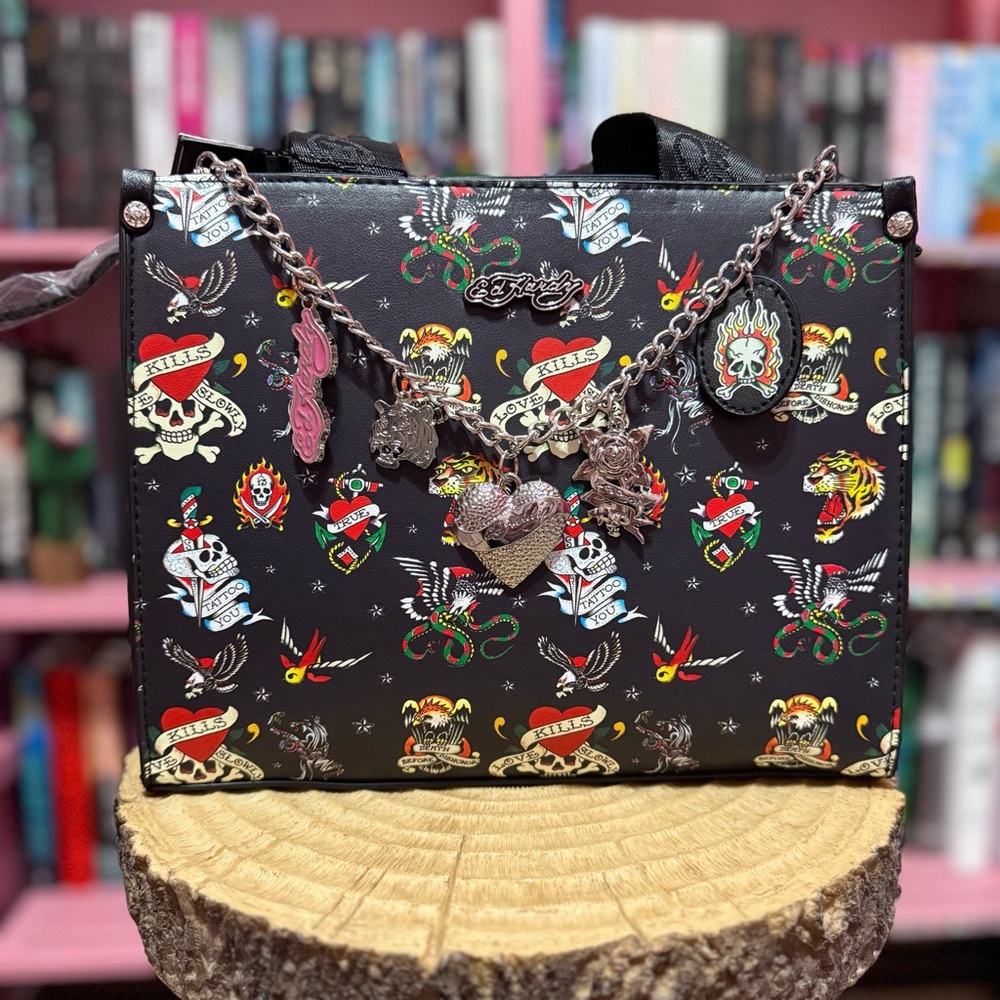Ed Hardy Black and Multicolor Tattoo Shoulder Bag